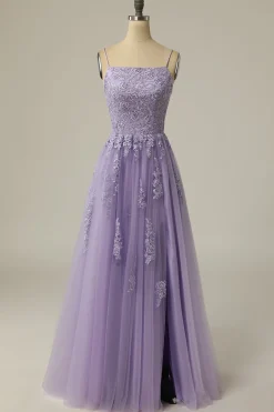 A Line Strapless Light Purple Long Prom Dress with Appliques