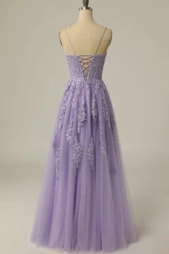 A Line Strapless Light Purple Long Prom Dress with Appliques