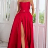 A Line Strapless Red Long Prom Dress with Split Front