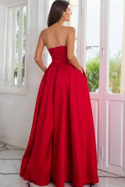 A Line Strapless Red Long Prom Dress with Split Front