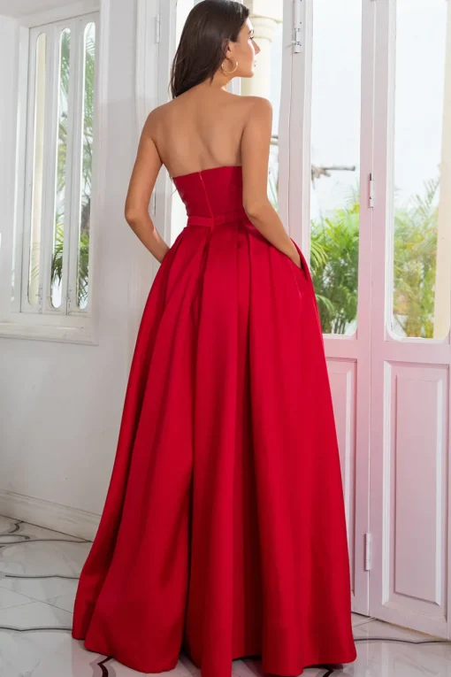 A Line Strapless Red Long Prom Dress with Split Front