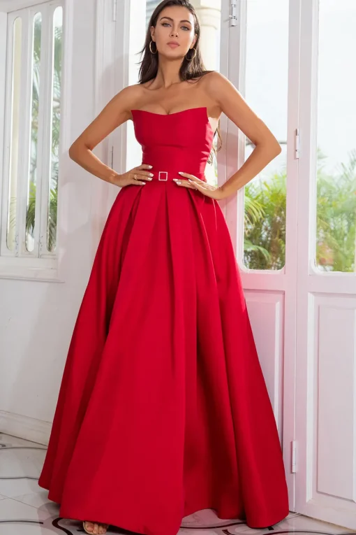 A Line Strapless Red Long Prom Dress with Split Front