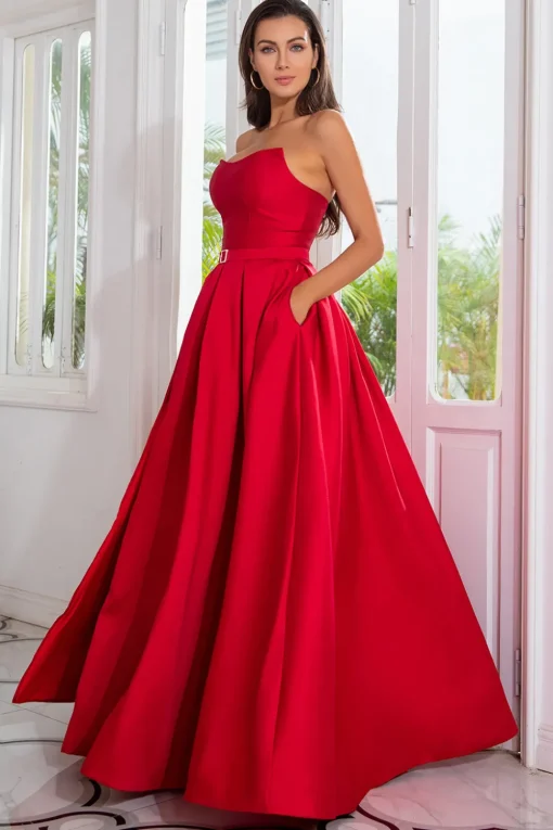 A Line Strapless Red Long Prom Dress with Split Front