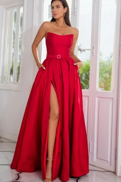 A Line Strapless Red Long Prom Dress with Split Front