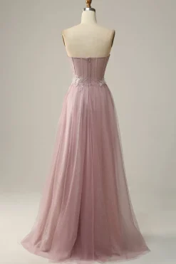 A Line Strapless Sparkly Corset Prom Dress with Appliques