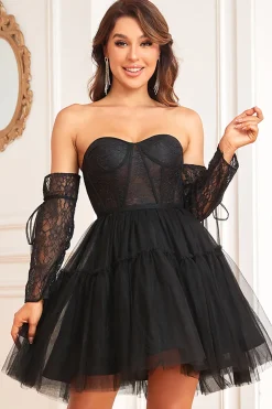 A Line Sweetheart Black Graduation Dress with Lace Sleeves