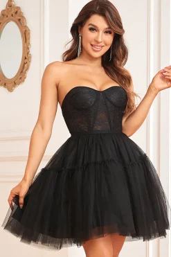 A Line Sweetheart Black Graduation Dress with Lace Sleeves