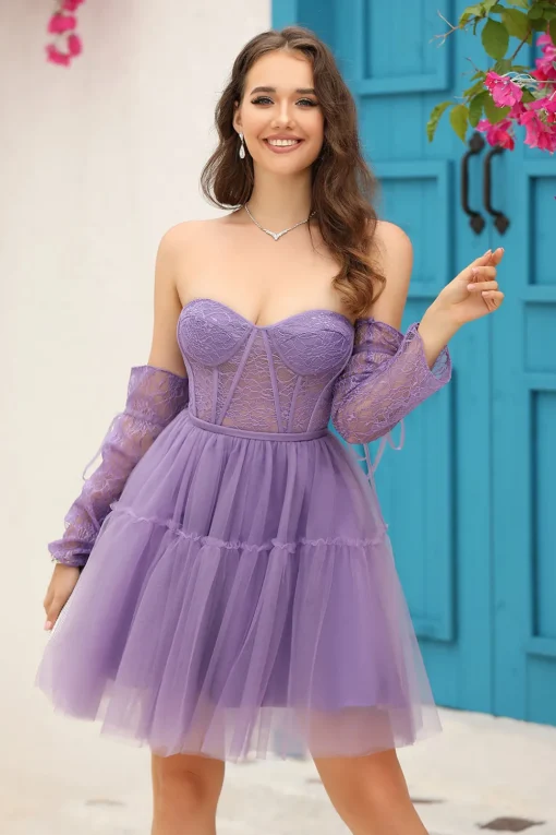 A Line Sweetheart Black Graduation Dress with Lace Sleeves