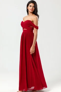 A Line Sweetheart Burgundy Long Bridesmaid Dress with Keyhole