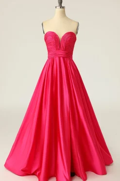 A Line Sweetheart Hot Pink Long Prom Dress with Ruched
