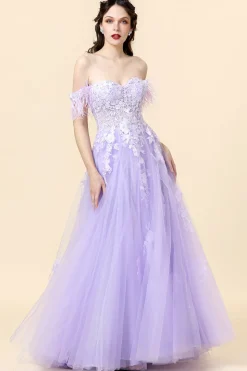 A Line Sweetheart Lavender Long Prom Dress with Appliques