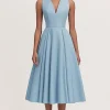 A Line V Neck Blue Pleated Formal Party Dress
