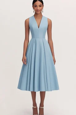 A Line V Neck Blue Pleated Formal Party Dress