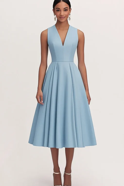 A Line V Neck Blue Pleated Formal Party Dress