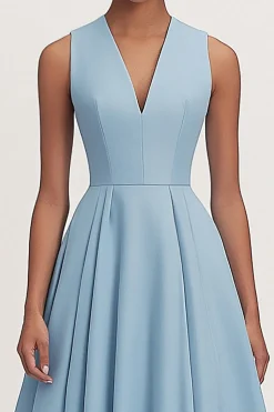 A Line V Neck Blue Pleated Formal Party Dress