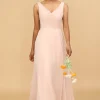 A Line V Neck Blush Chiffon Long Bridesmaid Dress
