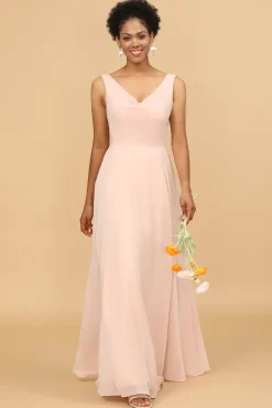A Line V Neck Blush Chiffon Long Bridesmaid Dress