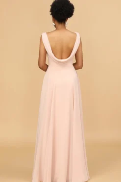 A Line V Neck Blush Chiffon Long Bridesmaid Dress