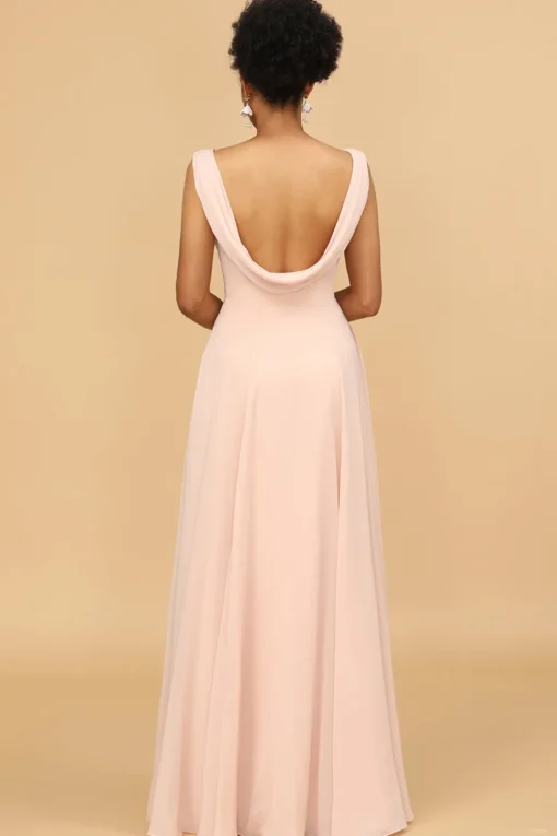 A Line V Neck Blush Chiffon Long Bridesmaid Dress