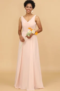 A Line V Neck Blush Chiffon Long Bridesmaid Dress