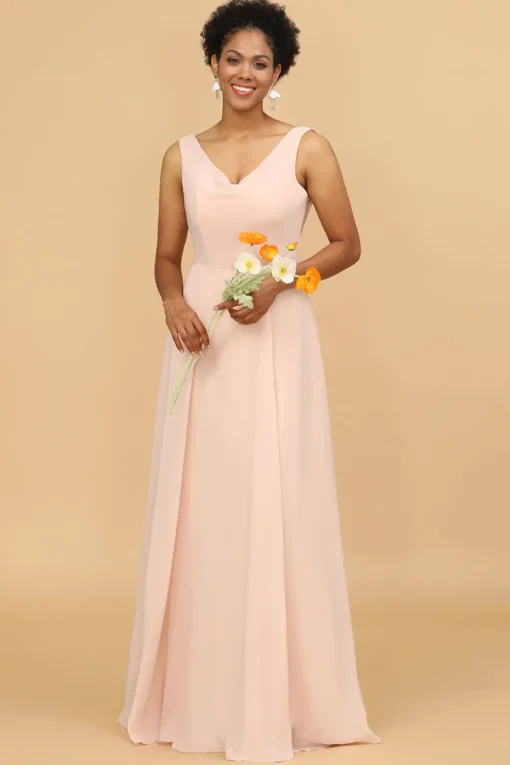 A Line V Neck Blush Chiffon Long Bridesmaid Dress