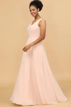 A Line V Neck Blush Chiffon Long Bridesmaid Dress