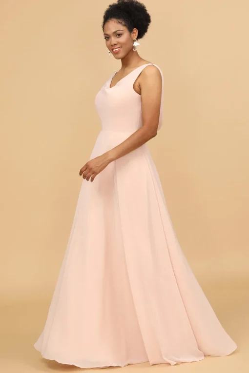 A Line V Neck Blush Chiffon Long Bridesmaid Dress