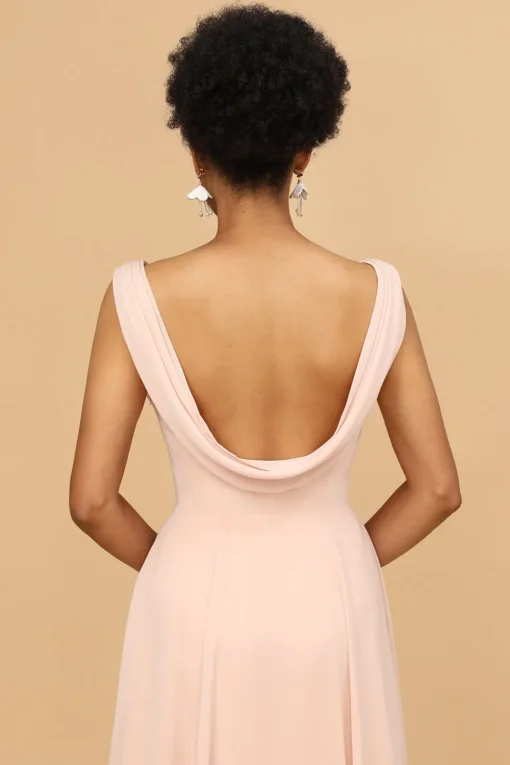 A Line V Neck Blush Chiffon Long Bridesmaid Dress