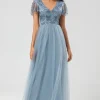 A Line V Neck Dusty Blue Long Bridesmaid Dress with Beading
