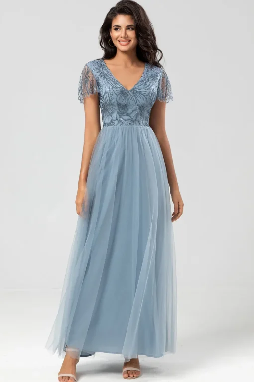 A Line V Neck Dusty Blue Long Bridesmaid Dress with Beading