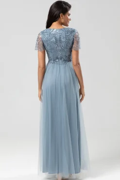 A Line V Neck Dusty Blue Long Bridesmaid Dress with Beading