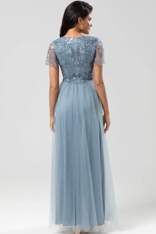 A Line V Neck Dusty Blue Long Bridesmaid Dress with Beading