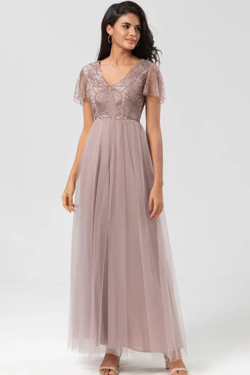 A Line V Neck Dusty Blue Long Bridesmaid Dress with Beading