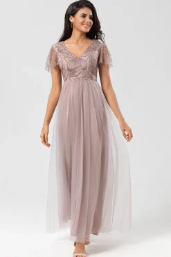 A Line V Neck Dusty Blue Long Bridesmaid Dress with Beading