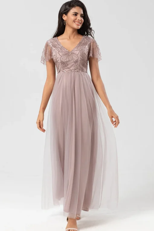 A Line V Neck Dusty Blue Long Bridesmaid Dress with Beading