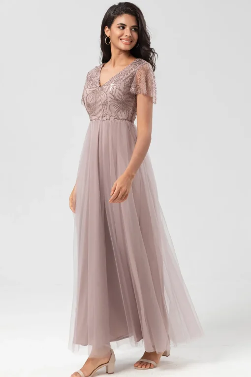 A Line V Neck Dusty Blue Long Bridesmaid Dress with Beading