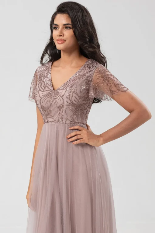 A Line V Neck Dusty Blue Long Bridesmaid Dress with Beading