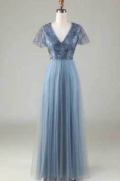 A Line V Neck Dusty Blue Long Bridesmaid Dress with Beading