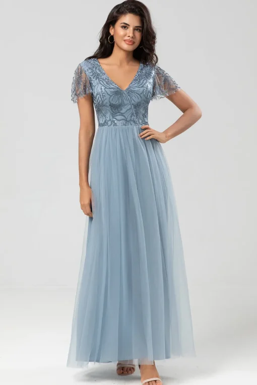 A Line V Neck Dusty Blue Long Bridesmaid Dress with Beading