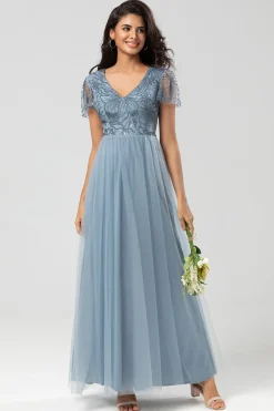 A Line V Neck Dusty Blue Long Bridesmaid Dress with Beading