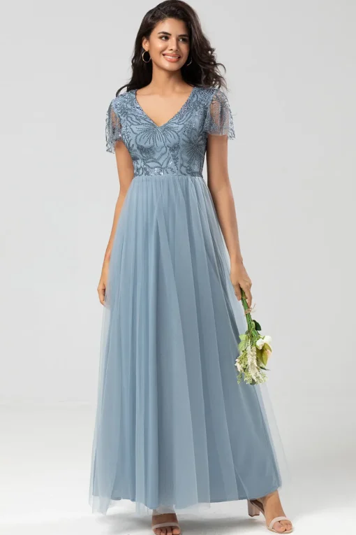 A Line V Neck Dusty Blue Long Bridesmaid Dress with Beading