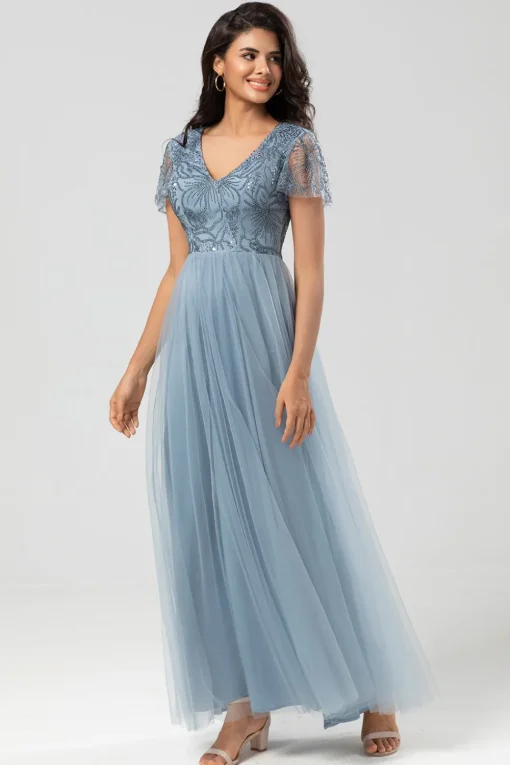 A Line V Neck Dusty Blue Long Bridesmaid Dress with Beading