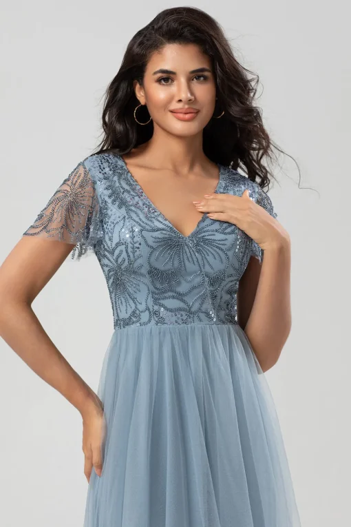 A Line V Neck Dusty Blue Long Bridesmaid Dress with Beading