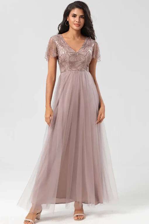 A Line V Neck Dusty Blue Long Bridesmaid Dress with Beading