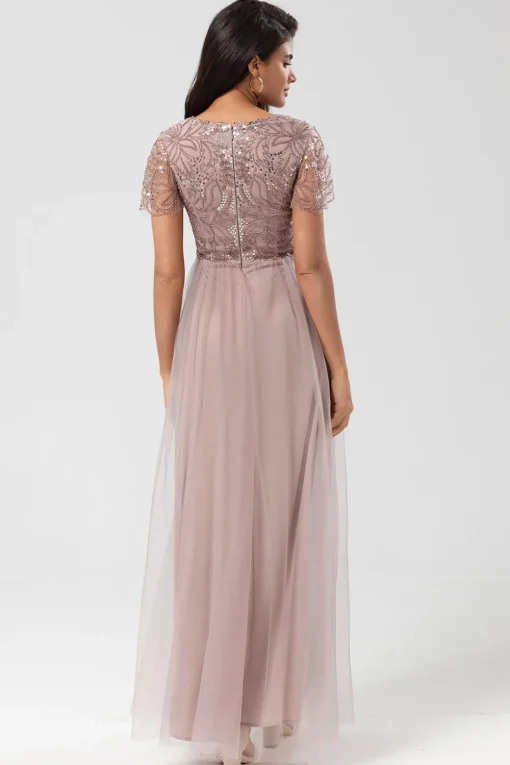 A Line V Neck Dusty Blue Long Bridesmaid Dress with Beading