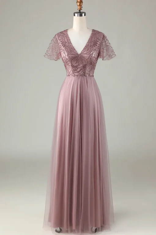 A Line V Neck Dusty Blue Long Bridesmaid Dress with Beading