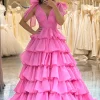 A Line V Neck Hot Pink Long Tiered Prom Dress with Slit