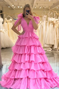 A Line V Neck Hot Pink Long Tiered Prom Dress with Slit