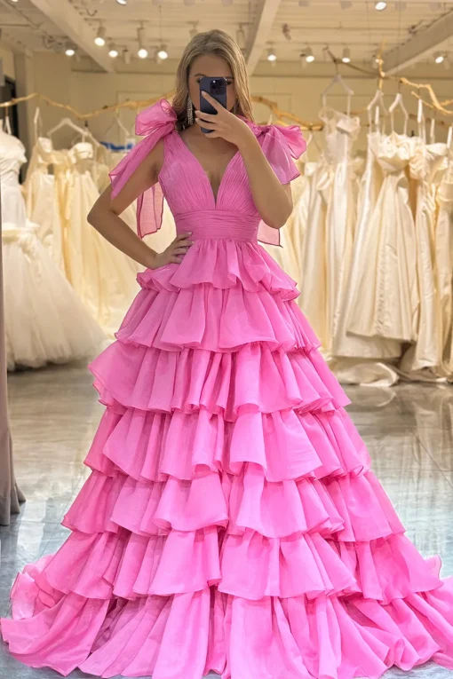 A Line V Neck Hot Pink Long Tiered Prom Dress with Slit