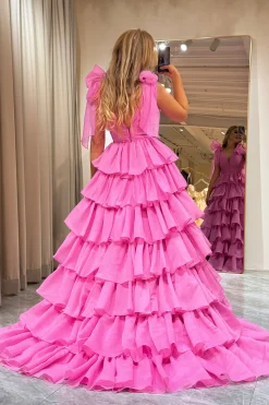 A Line V Neck Hot Pink Long Tiered Prom Dress with Slit